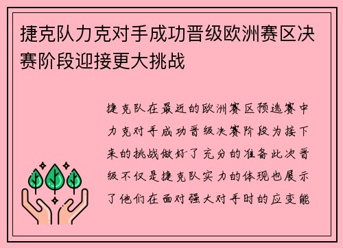 捷克队力克对手成功晋级欧洲赛区决赛阶段迎接更大挑战
