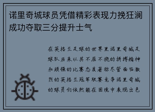 诺里奇城球员凭借精彩表现力挽狂澜成功夺取三分提升士气