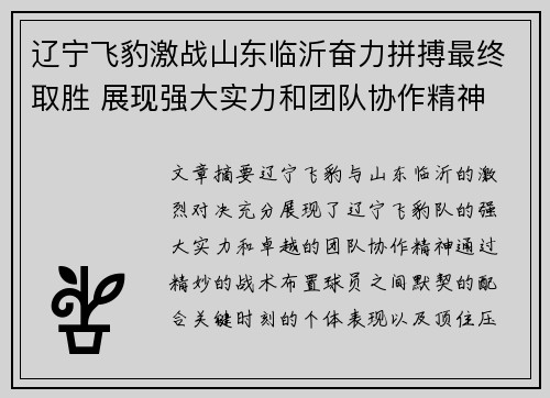 辽宁飞豹激战山东临沂奋力拼搏最终取胜 展现强大实力和团队协作精神