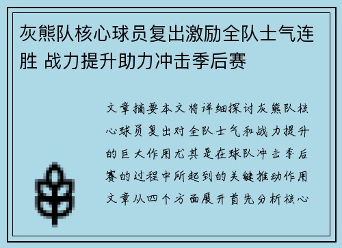 灰熊队核心球员复出激励全队士气连胜 战力提升助力冲击季后赛