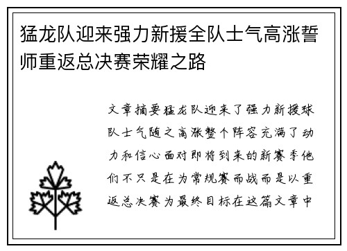 猛龙队迎来强力新援全队士气高涨誓师重返总决赛荣耀之路