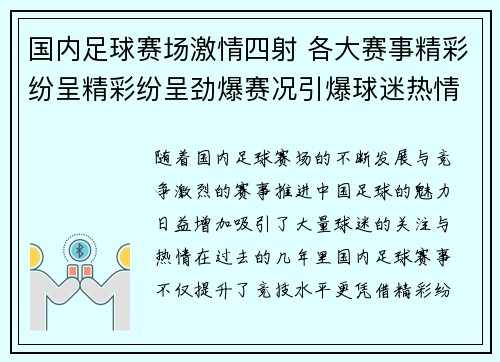 国内足球赛场激情四射 各大赛事精彩纷呈精彩纷呈劲爆赛况引爆球迷热情