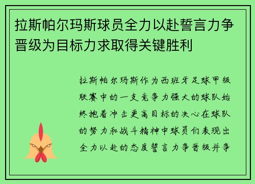 拉斯帕尔玛斯球员全力以赴誓言力争晋级为目标力求取得关键胜利