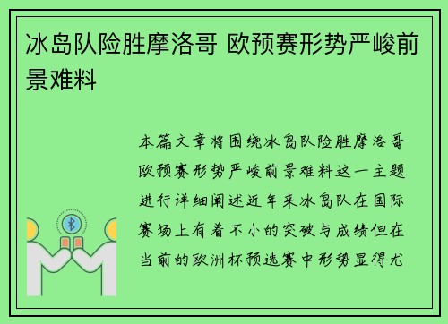 冰岛队险胜摩洛哥 欧预赛形势严峻前景难料