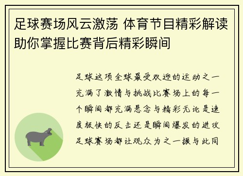 足球赛场风云激荡 体育节目精彩解读助你掌握比赛背后精彩瞬间