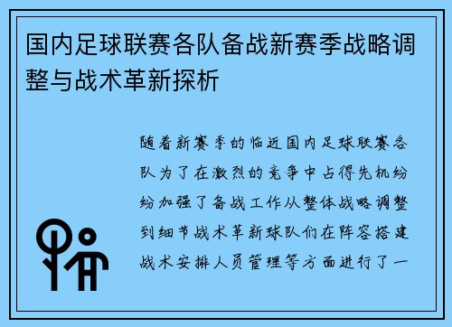 国内足球联赛各队备战新赛季战略调整与战术革新探析